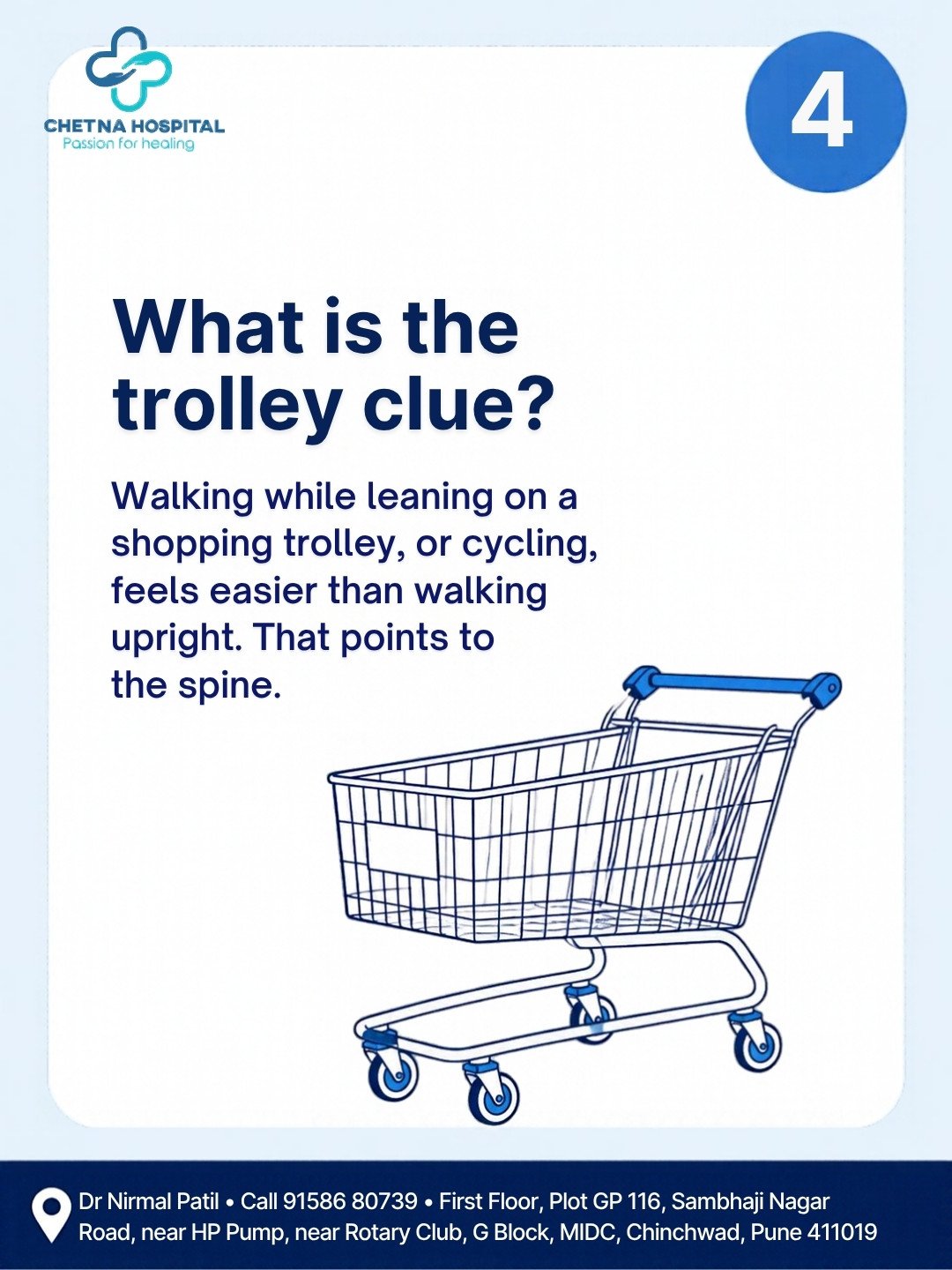 Slide 4: the trolley clue, walking while leaning on a shopping trolley feels easier than walking upright