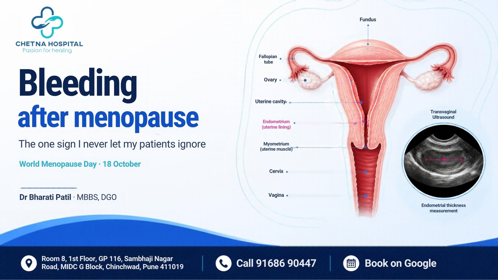 Illustration of the uterus and its lining with labels for thin lining, polyp and thickened lining – bleeding after menopause, Dr Bharati Patil, Chinchwad