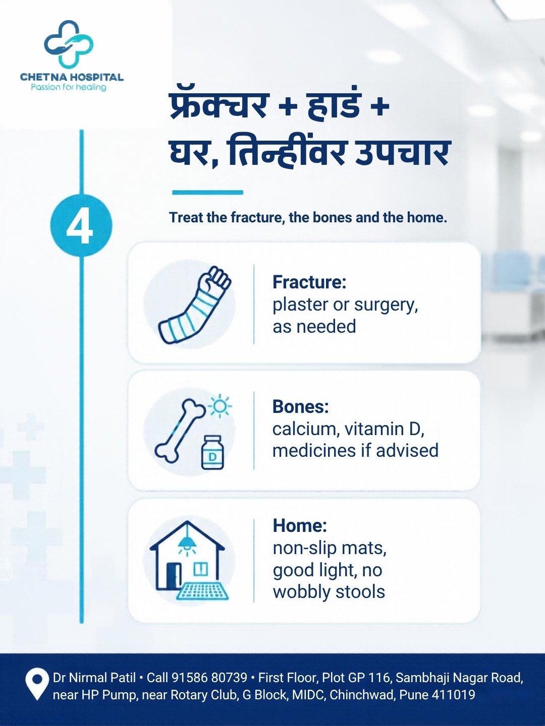 Slide 5: treat the fracture, the bones and the home