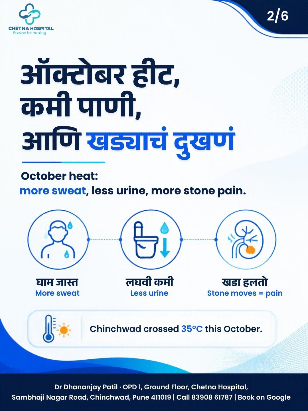 Slide 2: October heat, less water and stone pain: more sweat, less urine, a moving stone