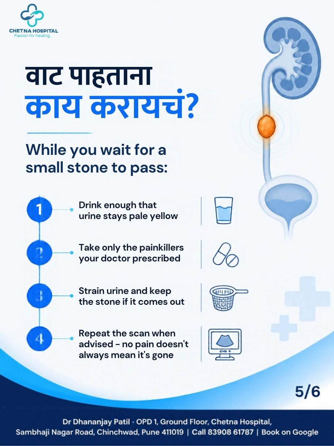 Slide 5: While you wait: pale yellow urine, prescribed painkillers only, strain urine, repeat scan