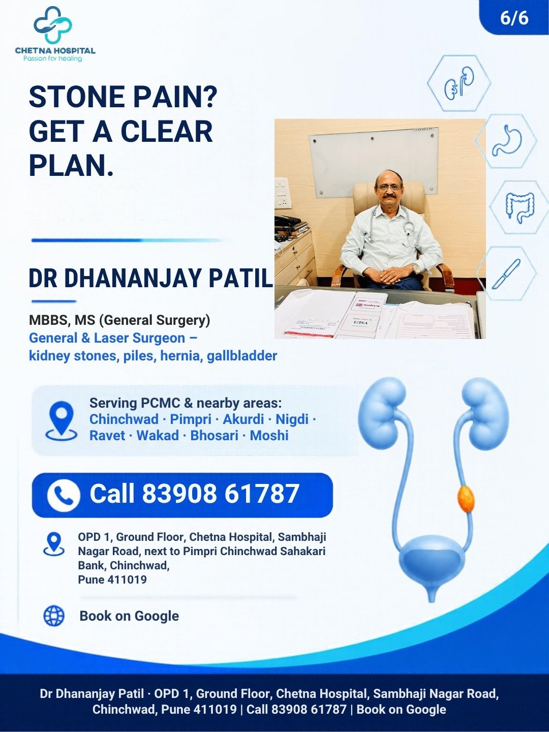 Slide 6: Dr Dhananjay Patil, MBBS, MS General Surgery, Call 83908 61787, OPD 1, Chetna Hospital, Chinchwad