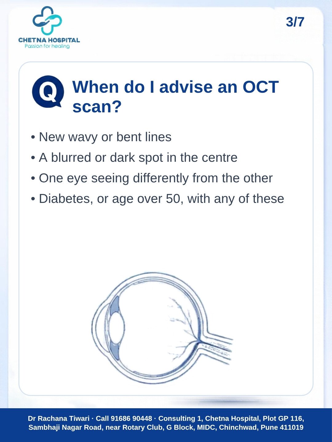 Slide 3: when an OCT scan is advised – new wavy lines, a dark spot, one eye different, diabetes or age over 50