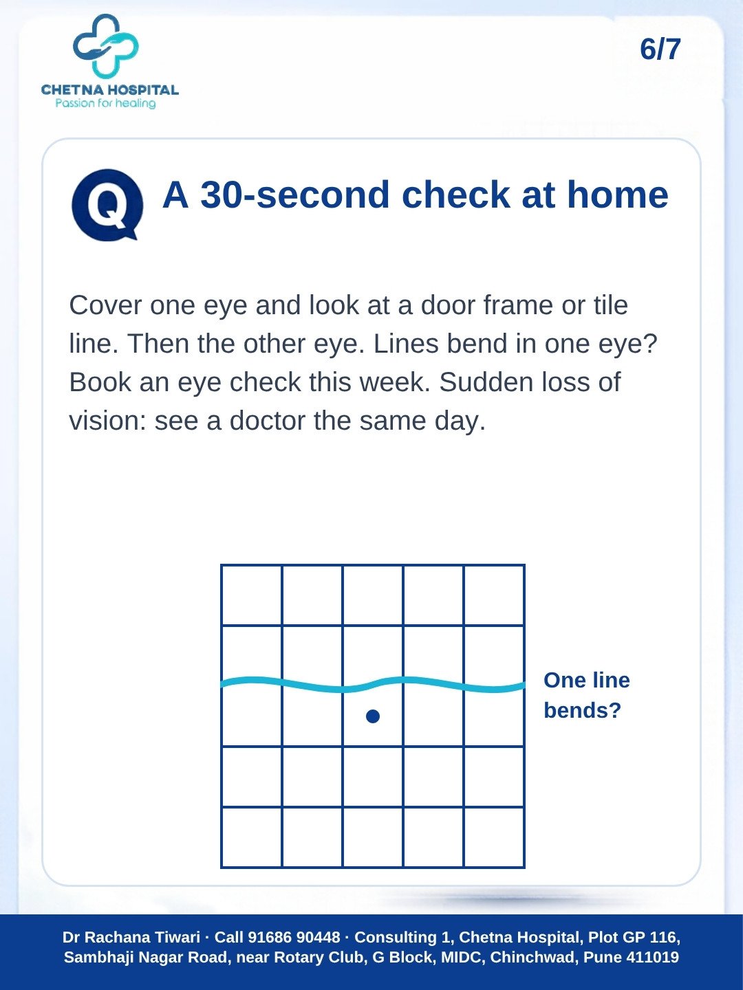 Slide 6: a 30-second check at home with one eye covered, using a door frame or tile grid