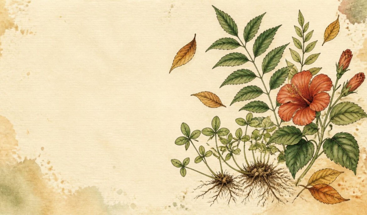 Botanical illustration of neem leaves, curry leaf sprigs, a hibiscus flower and fenugreek seedlings with roots on cream paper, for an article on hair shedding after the monsoon