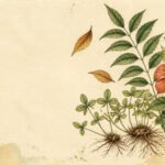 Botanical illustration of neem leaves, curry leaf sprigs, a hibiscus flower and fenugreek seedlings with roots on cream paper, for an article on hair shedding after the monsoon