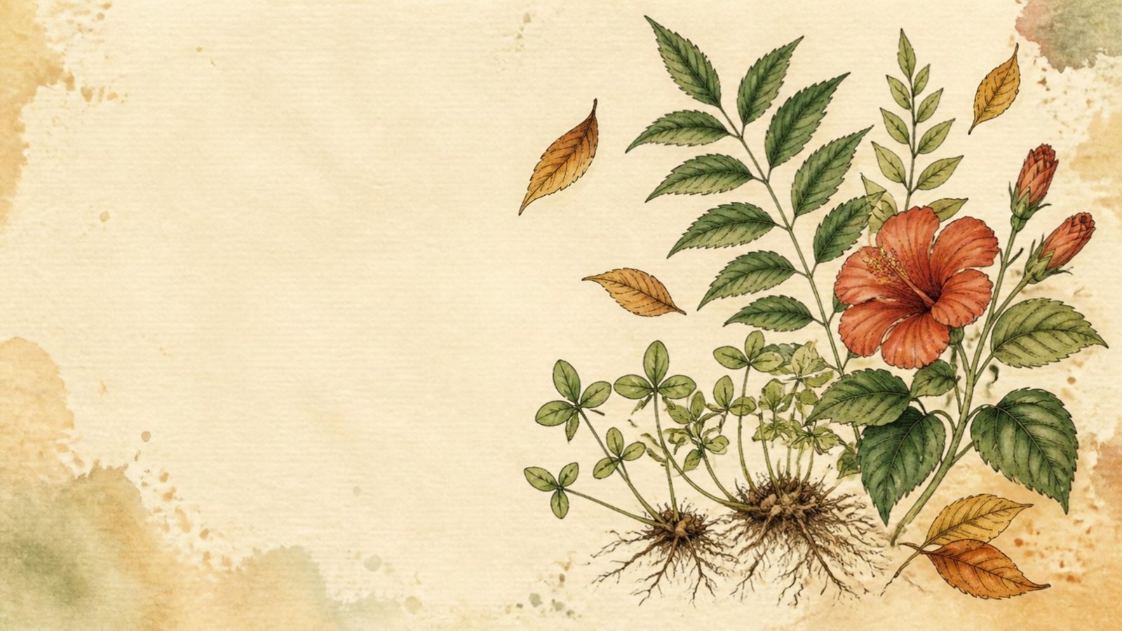 Botanical illustration of neem leaves, curry leaf sprigs, a hibiscus flower and fenugreek seedlings with roots on cream paper, for an article on hair shedding after the monsoon