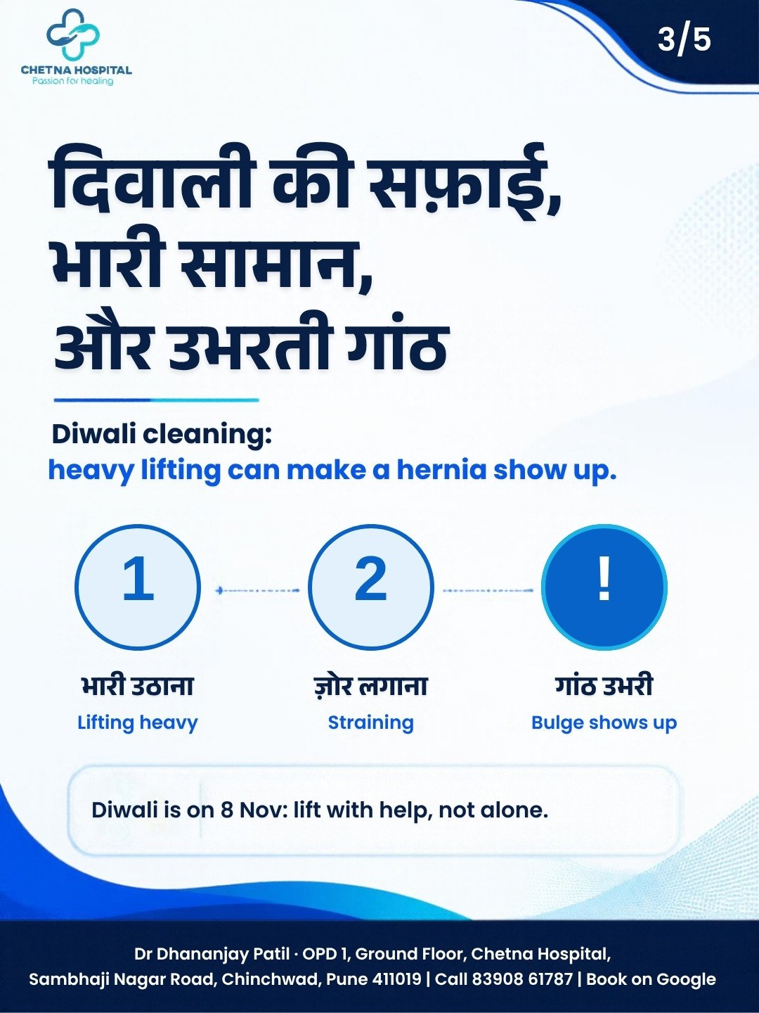 Slide 3: Diwali cleaning and heavy lifting can make a hernia show up; Diwali is on 8 November, lift with help