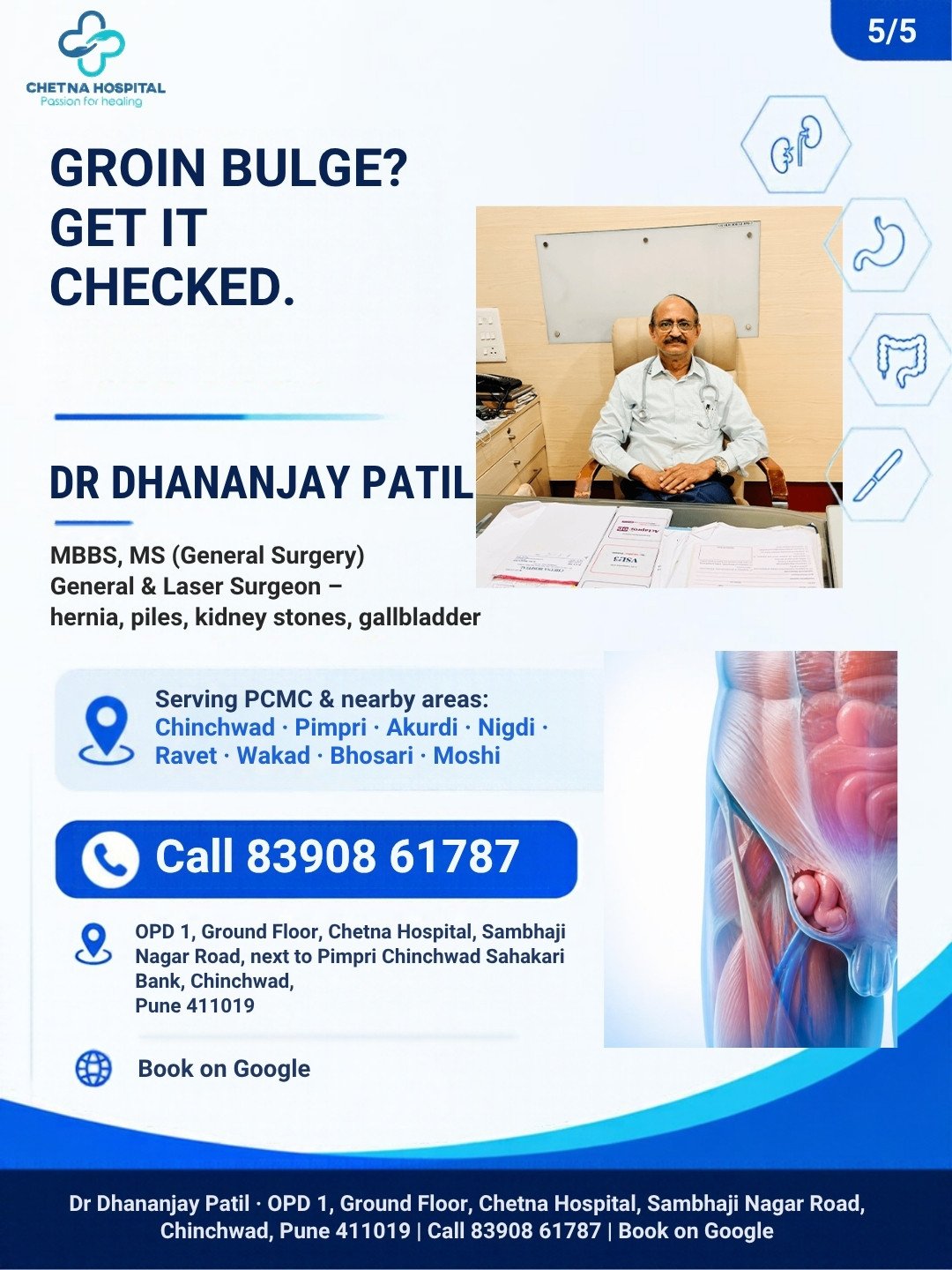 Slide 5: Dr Dhananjay Patil, MBBS, MS General Surgery, Call 83908 61787, OPD 1, Chetna Hospital, Chinchwad