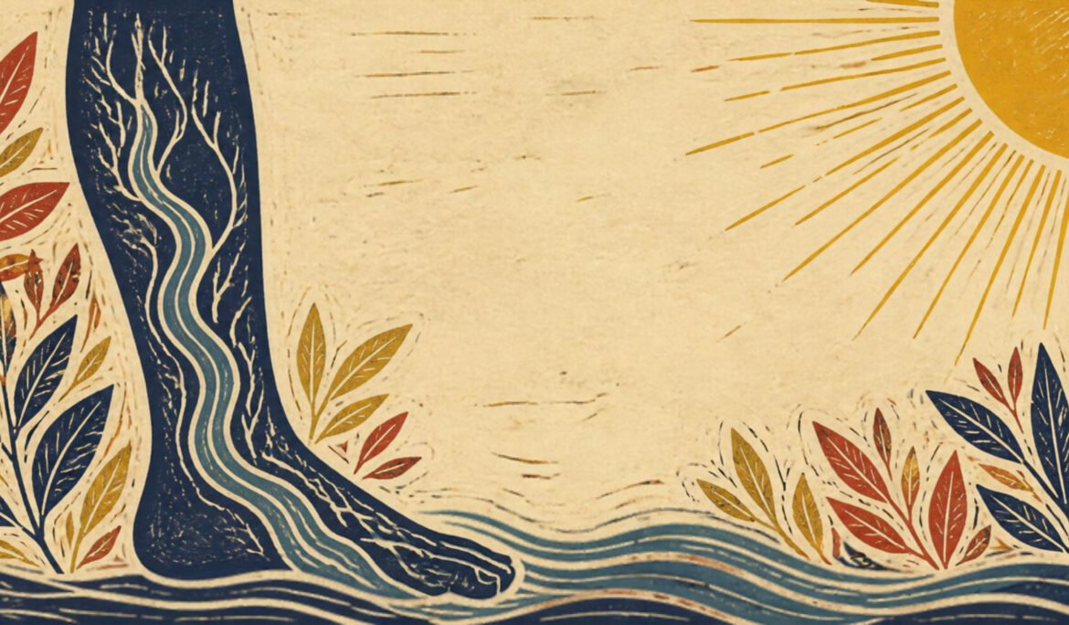 Linocut illustration of a standing leg with carved wave-like lines suggesting veins