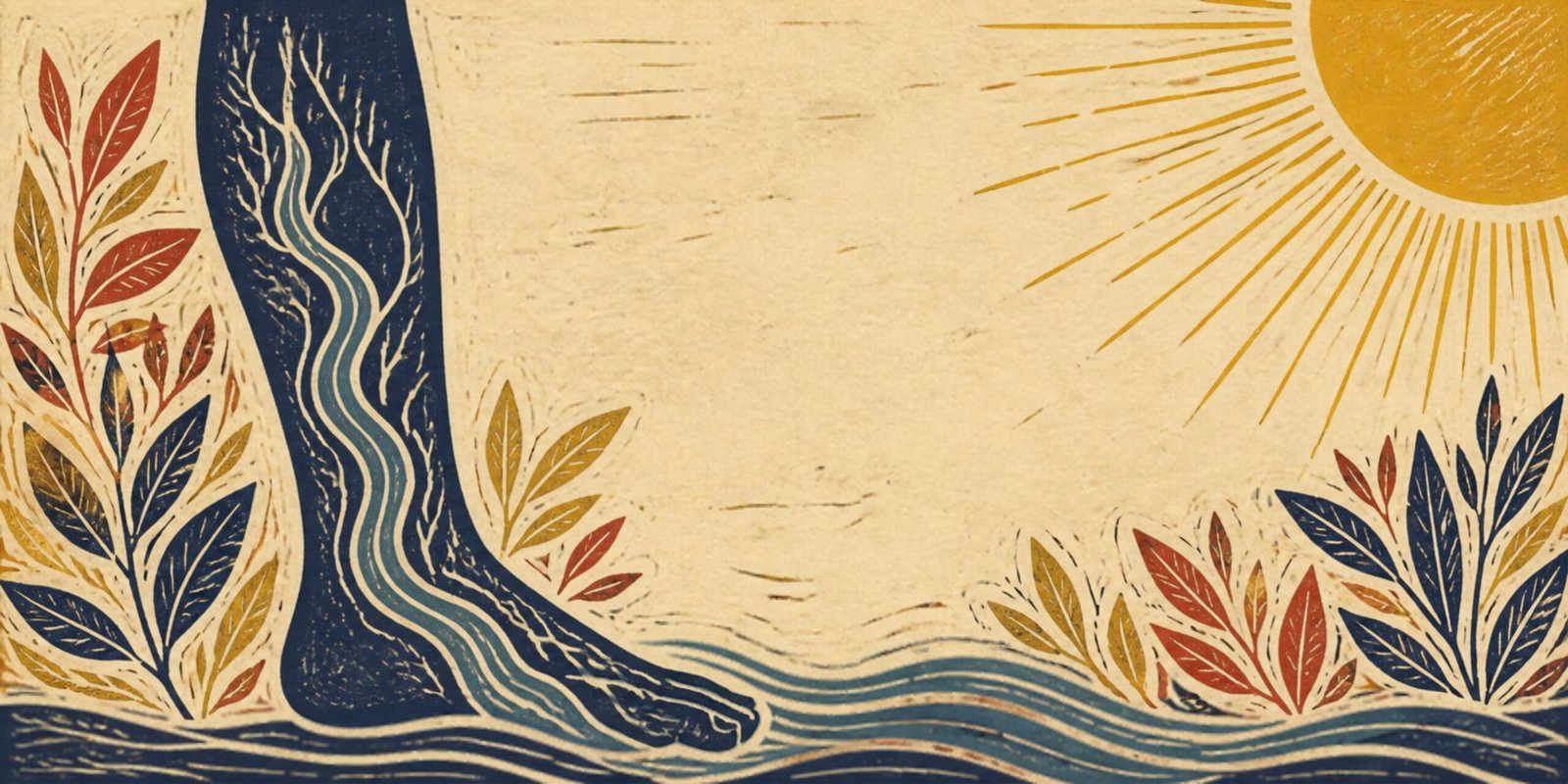 Linocut illustration of a standing leg with carved wave-like lines suggesting veins, in indigo, red and cream
