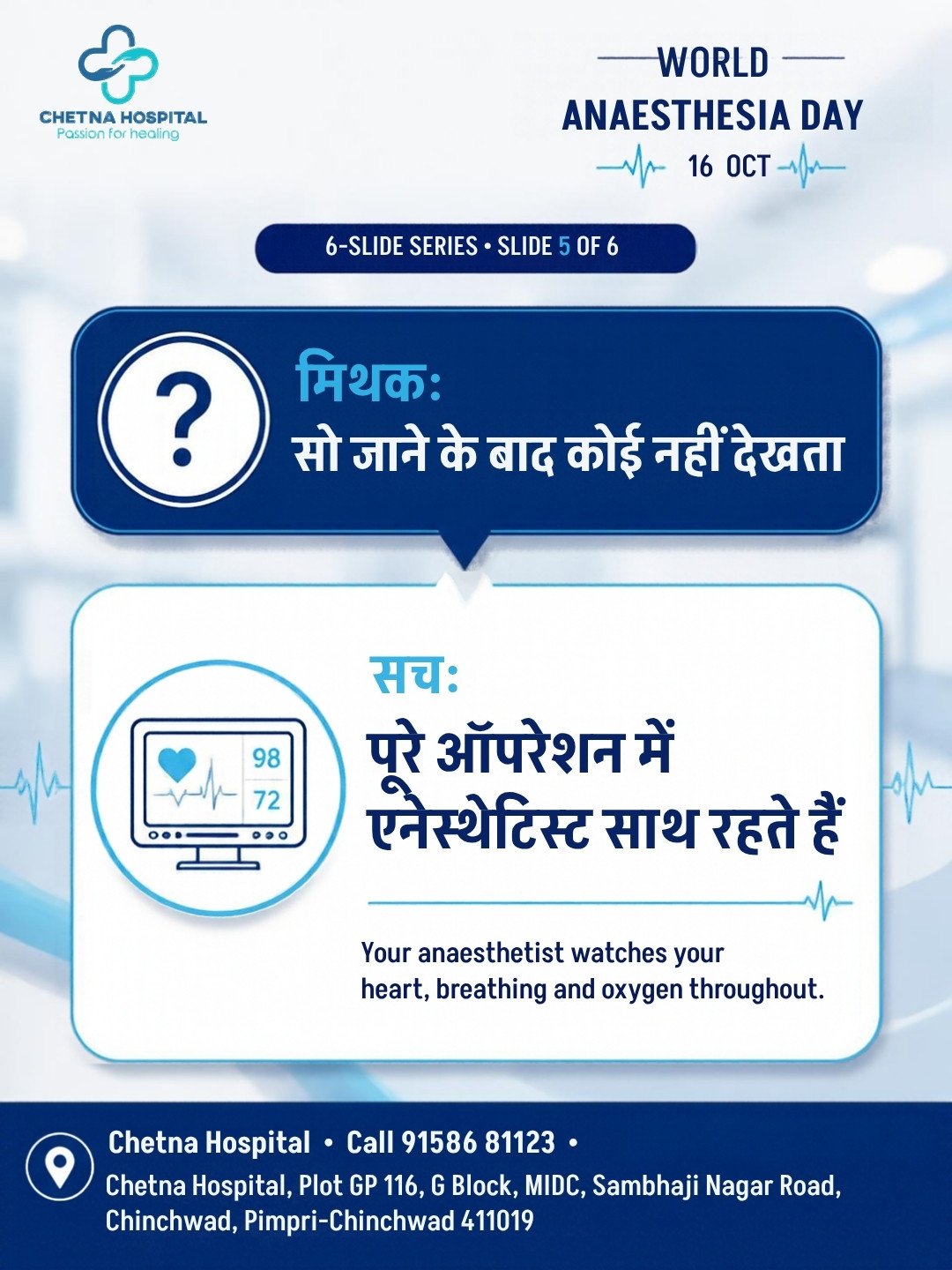 Slide 5: the anaesthetist watches heart, breathing and oxygen throughout the operation
