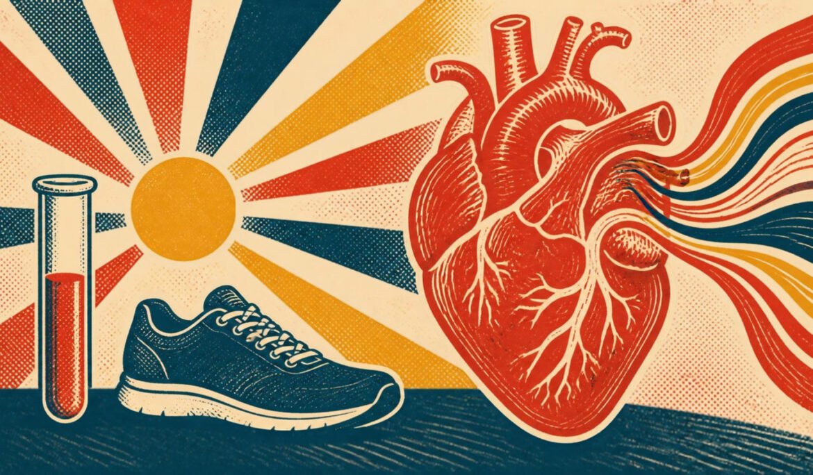 Vintage screen-print illustration of a red linocut heart with a blood-test tube and flowing arteries