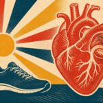 Vintage screen-print illustration of a red linocut heart with a blood-test tube and flowing arteries