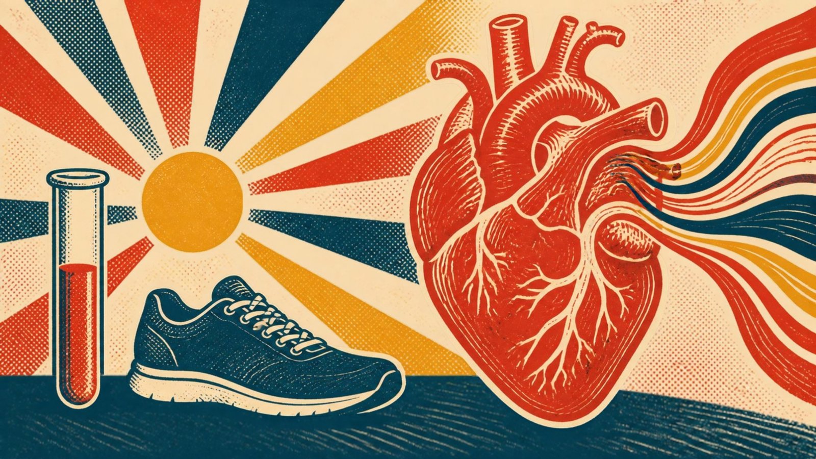 Vintage screen-print illustration of a red linocut heart with a blood-test tube and flowing arteries in red, mustard and navy