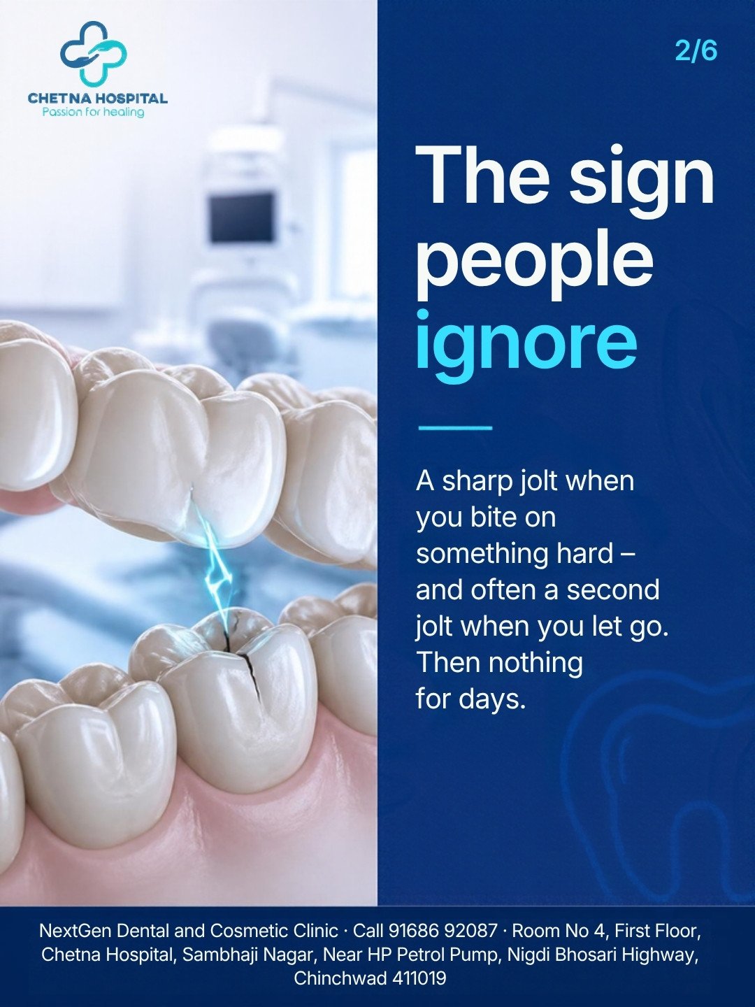 Carousel slide 2: The sign people ignore β a sharp jolt on biting and a second jolt on letting go, molars biting with a crack mark