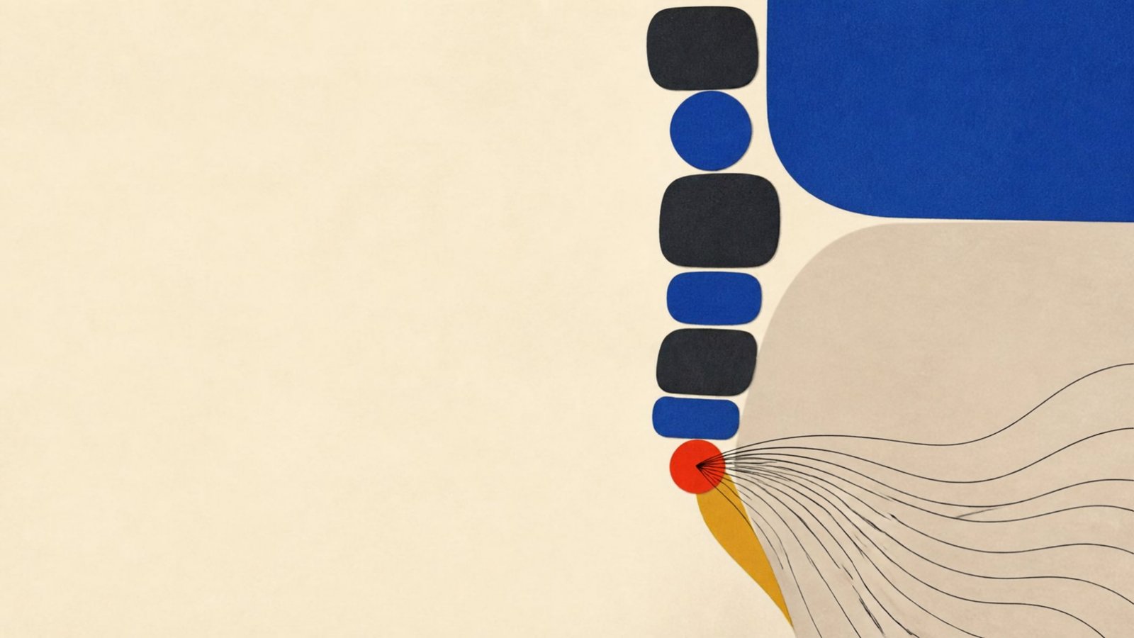 Geometric Bauhaus-style illustration of a spine column with nerves fanning out from its lower end and one red alert circle