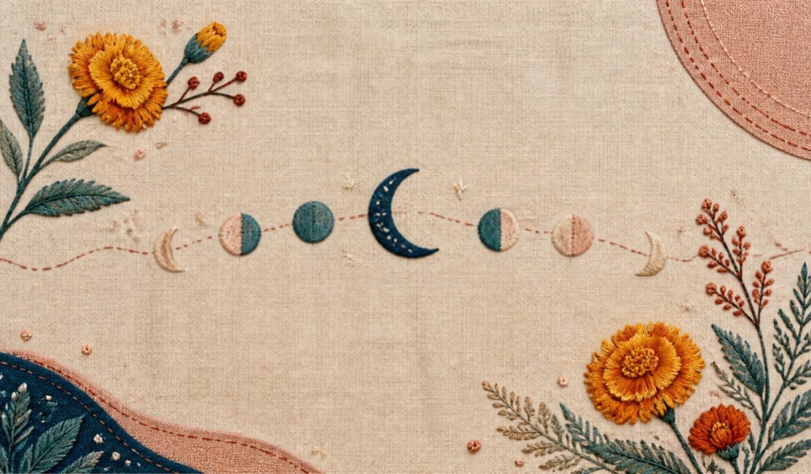 Hand-embroidered linen illustration of a moon-phase cycle stitched along a wavy thread line with marigold and leaf sprigs