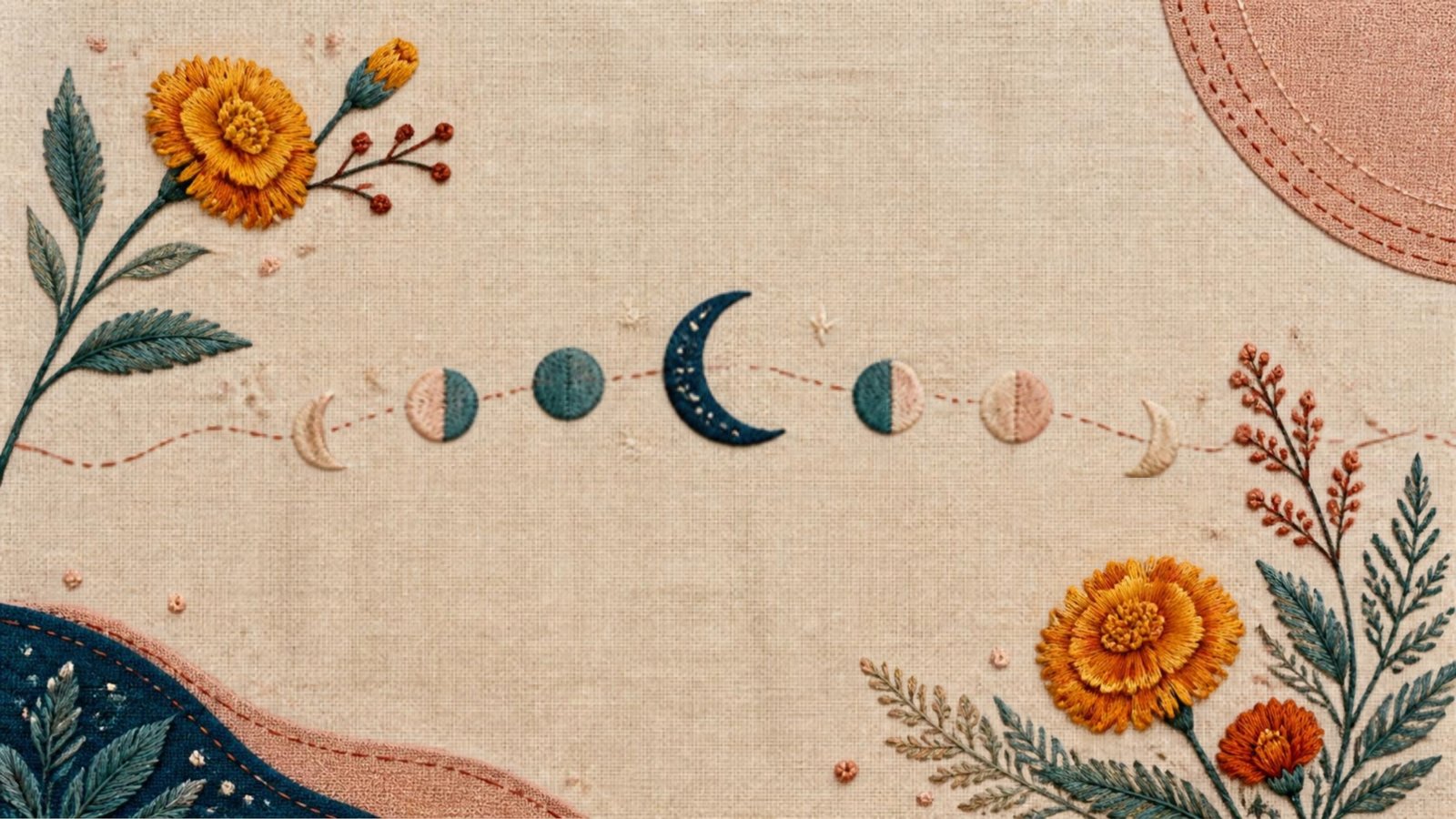 Hand-embroidered linen illustration of a moon-phase cycle stitched along a wavy thread line with marigold and leaf sprigs
