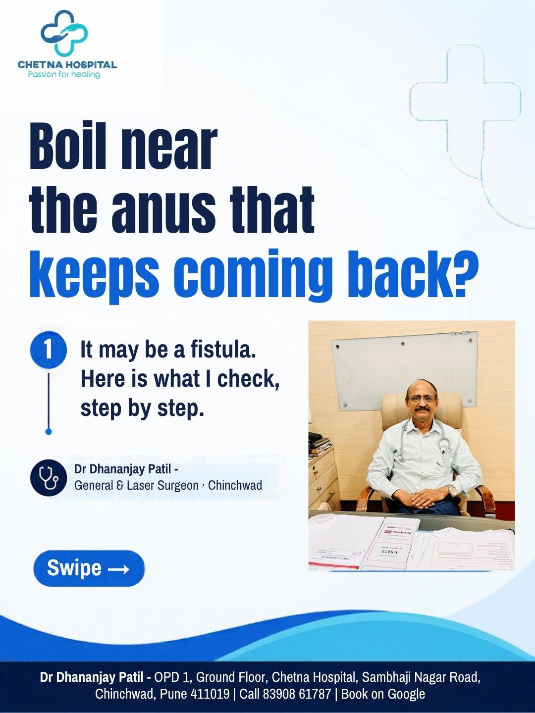 Slide 1: Boil near the anus that keeps coming back? It may be a fistula. Photo of Dr Dhananjay Patil, General and Laser Surgeon, Chinchwad