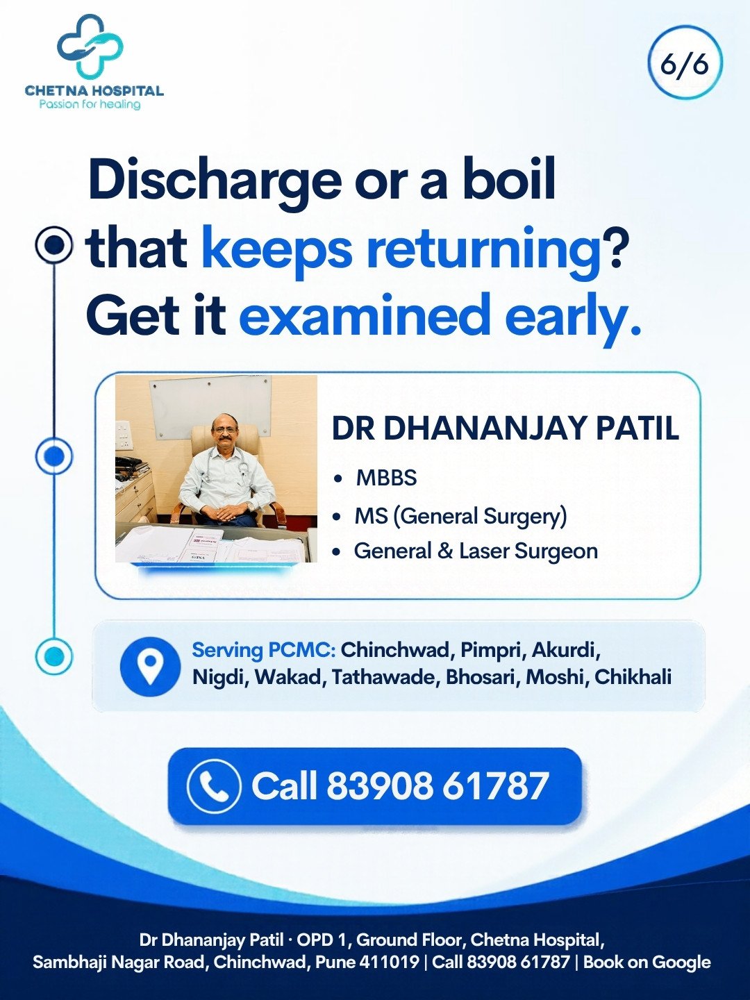 Slide 6: Dr Dhananjay Patil, MBBS, MS General Surgery, Call 83908 61787, OPD 1, Chetna Hospital, Chinchwad