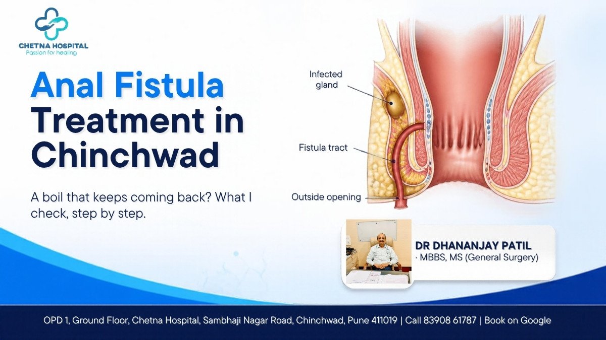Anal fistula treatment in Chinchwad: a boil near the anus that keeps coming back. Dr Dhananjay Patil, General and Laser Surgeon, Chetna Hospital, Chinchwad, Pune